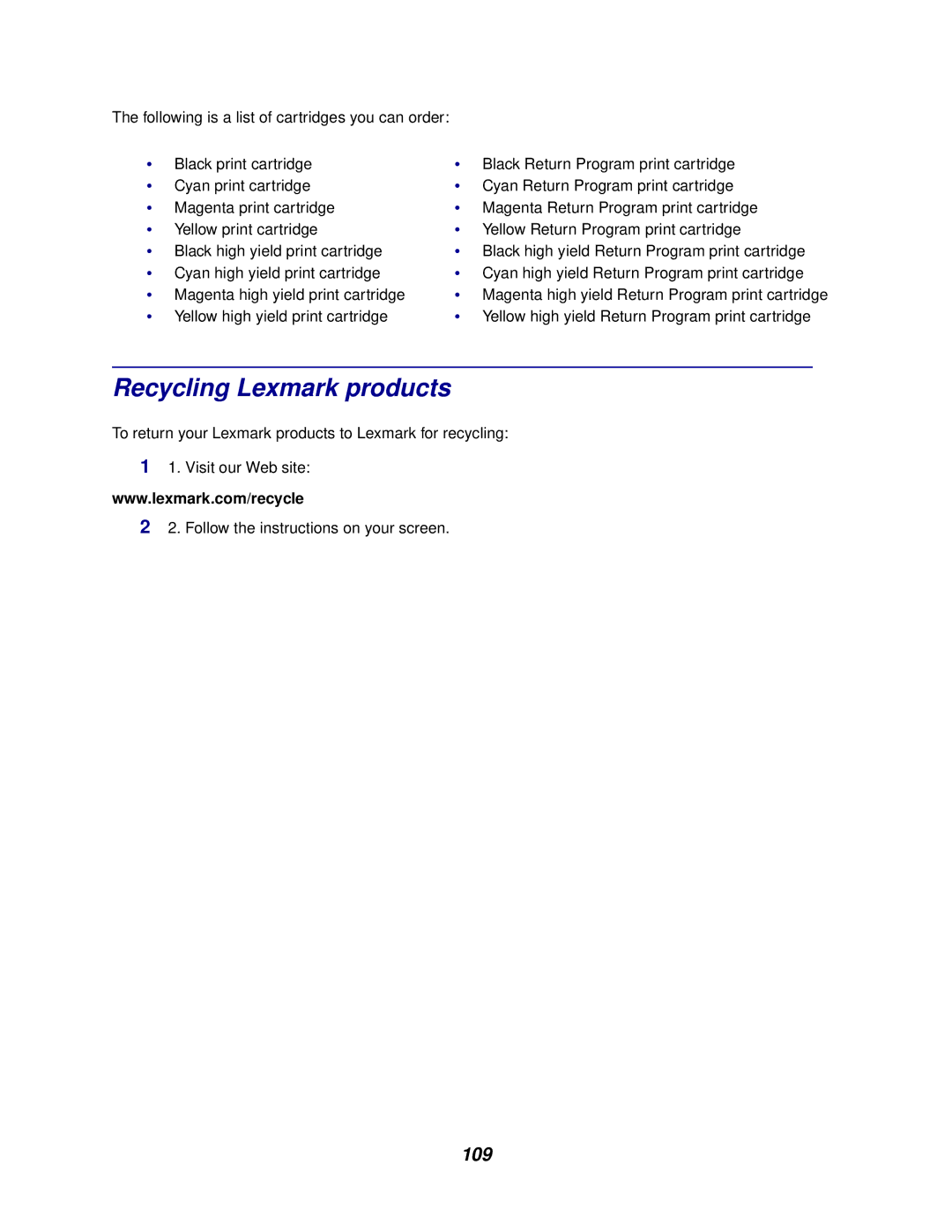 Lexmark 762 manual Recycling Lexmark products, 109 