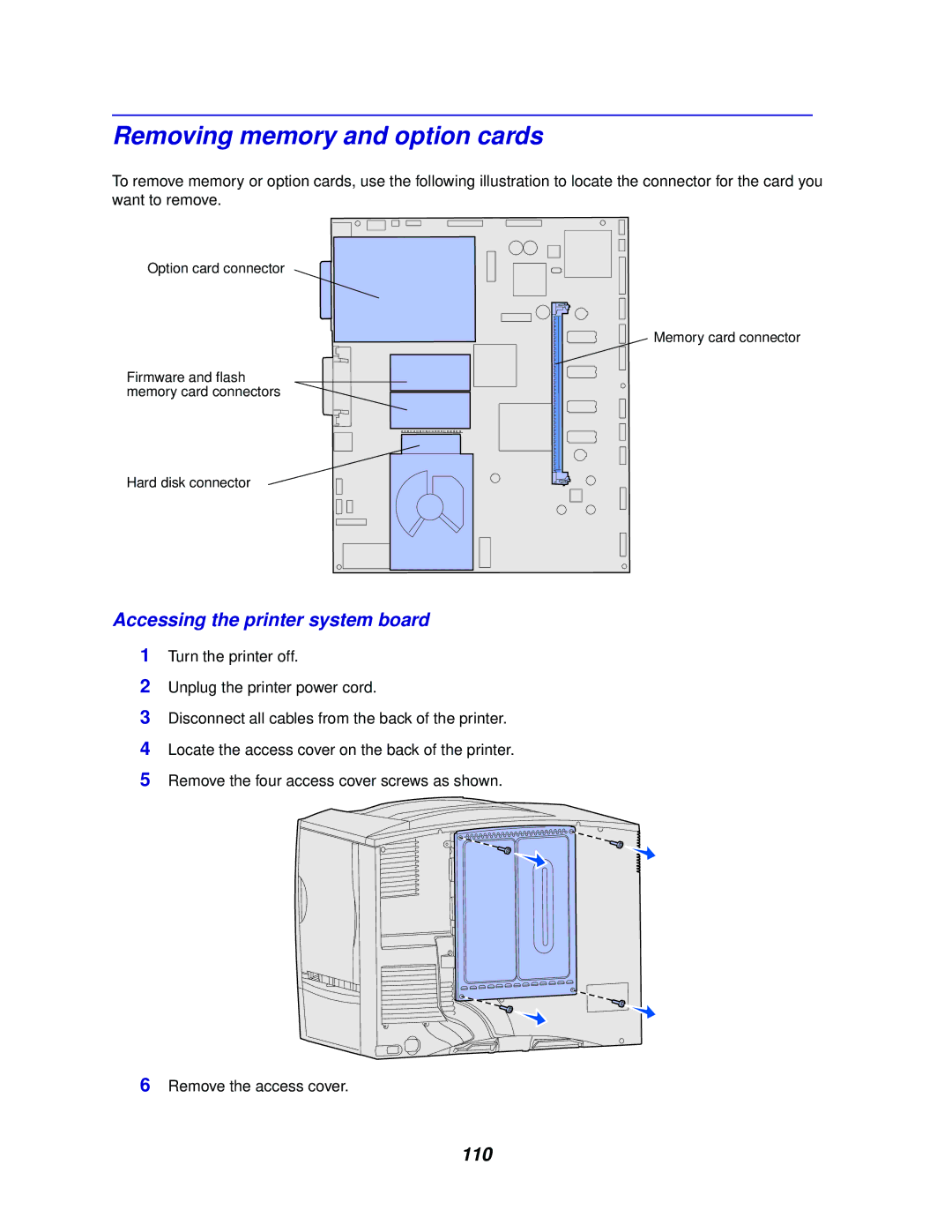 Lexmark 762 manual Removing memory and option cards, Accessing the printer system board, 110 