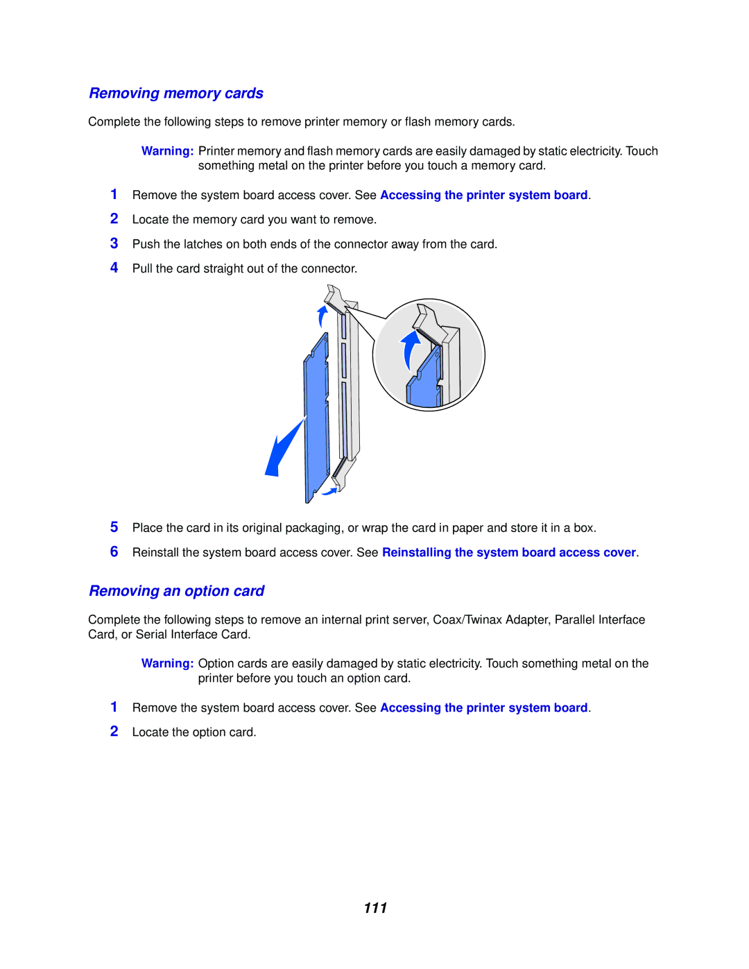 Lexmark 762 manual Removing memory cards, Removing an option card, 111 