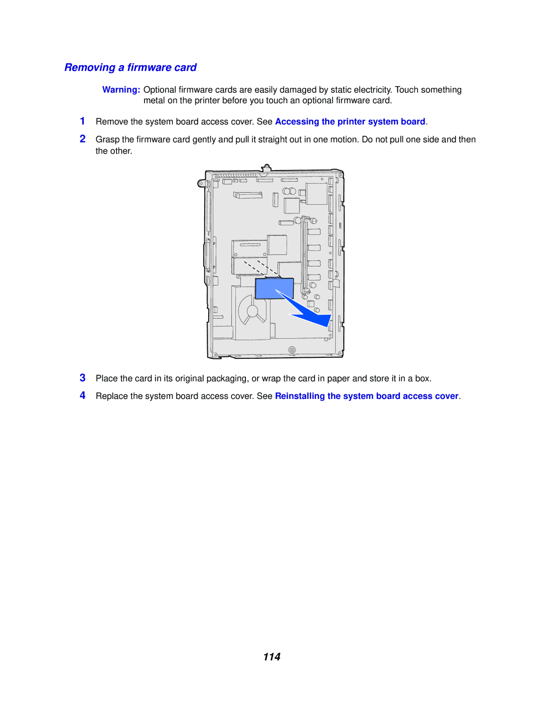 Lexmark 762 manual Removing a firmware card, 114 