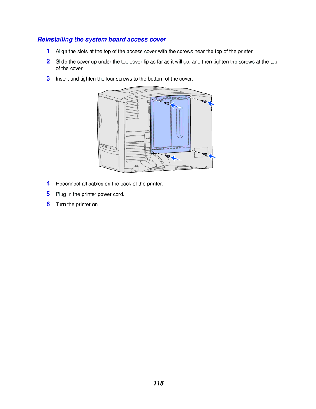 Lexmark 762 manual Reinstalling the system board access cover, 115 