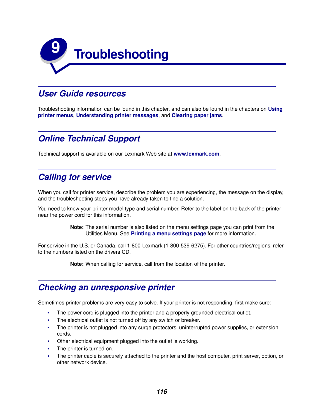 Lexmark 762 User Guide resources, Online Technical Support Calling for service, Checking an unresponsive printer, 116 