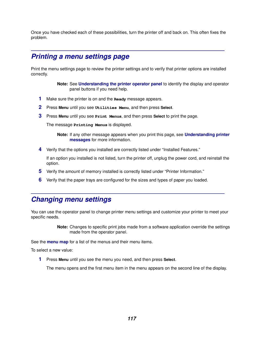 Lexmark 762 manual Printing a menu settings, Changing menu settings, 117 