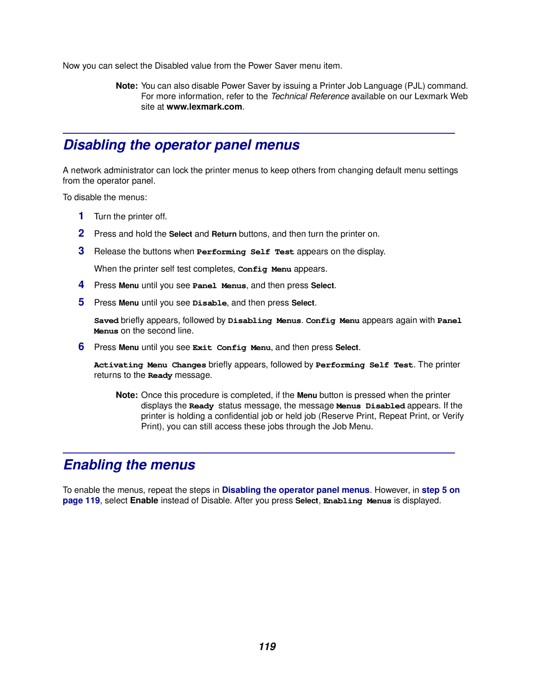 Lexmark 762 manual Disabling the operator panel menus, Enabling the menus, 119 