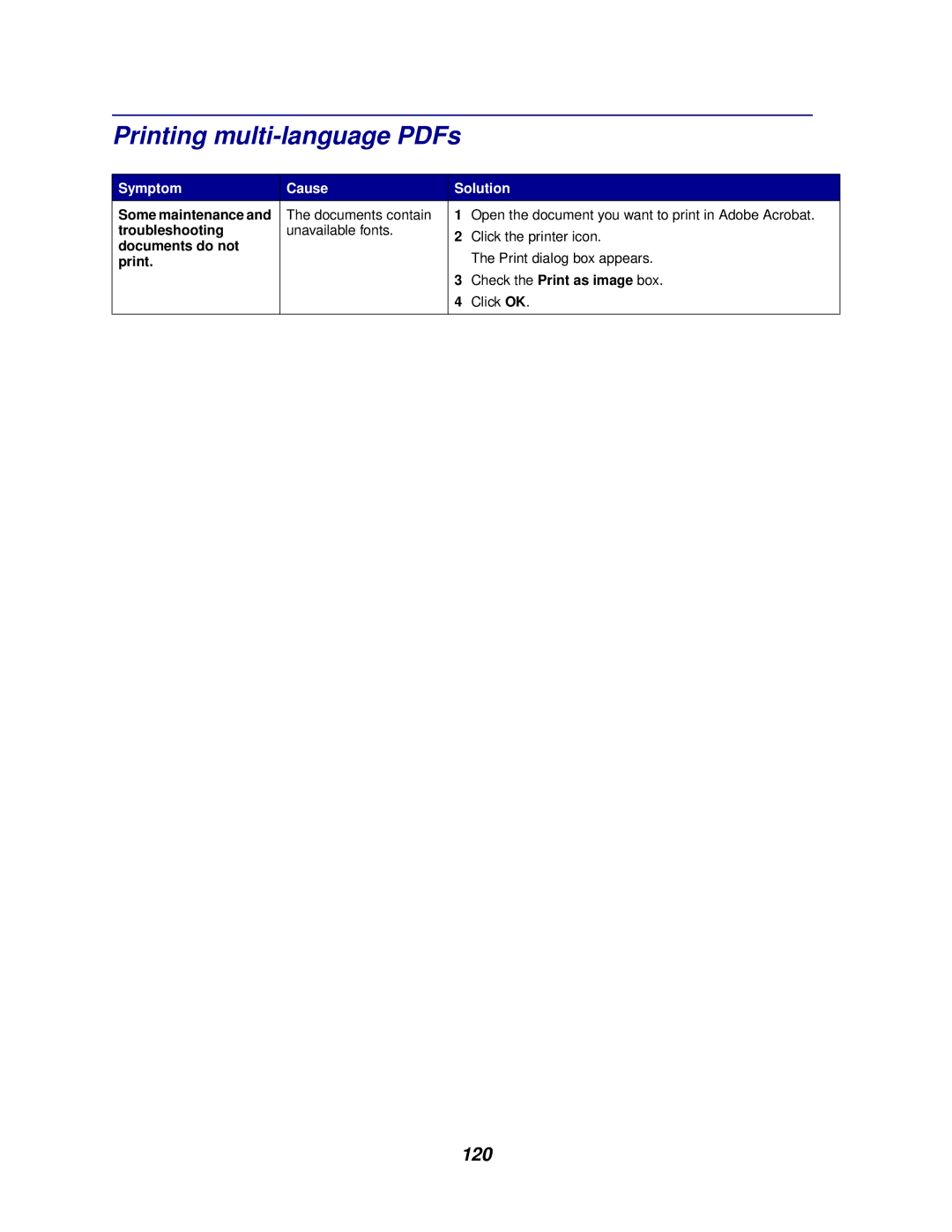 Lexmark 762 manual 120, Symptom Cause Solution 