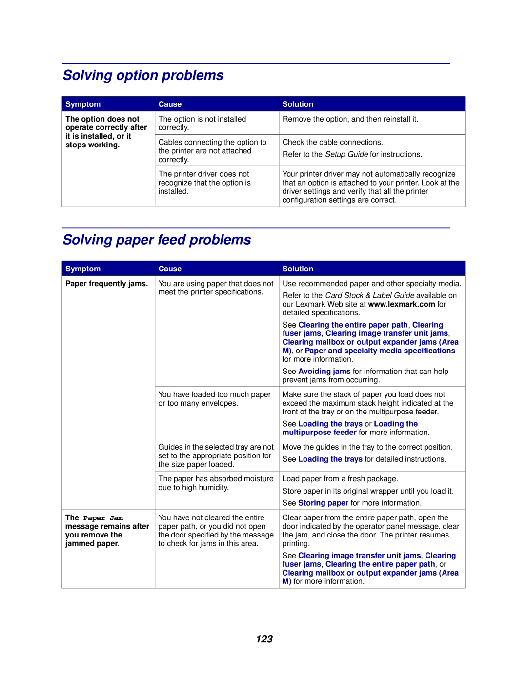 Lexmark 762 manual Solving option problems, Solving paper feed problems, 123 