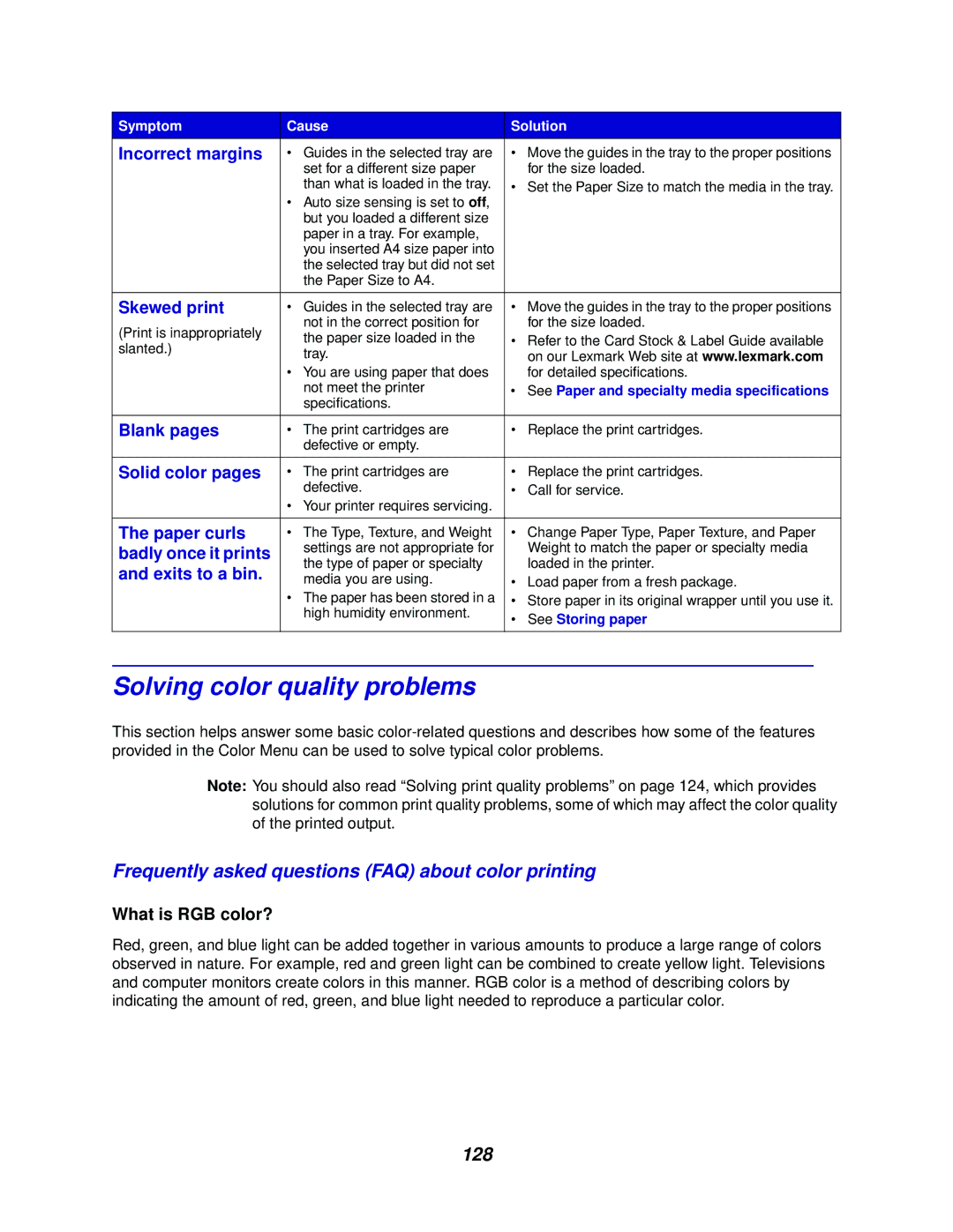 Lexmark 762 manual Solving color quality problems, Frequently asked questions FAQ about color printing, 128 