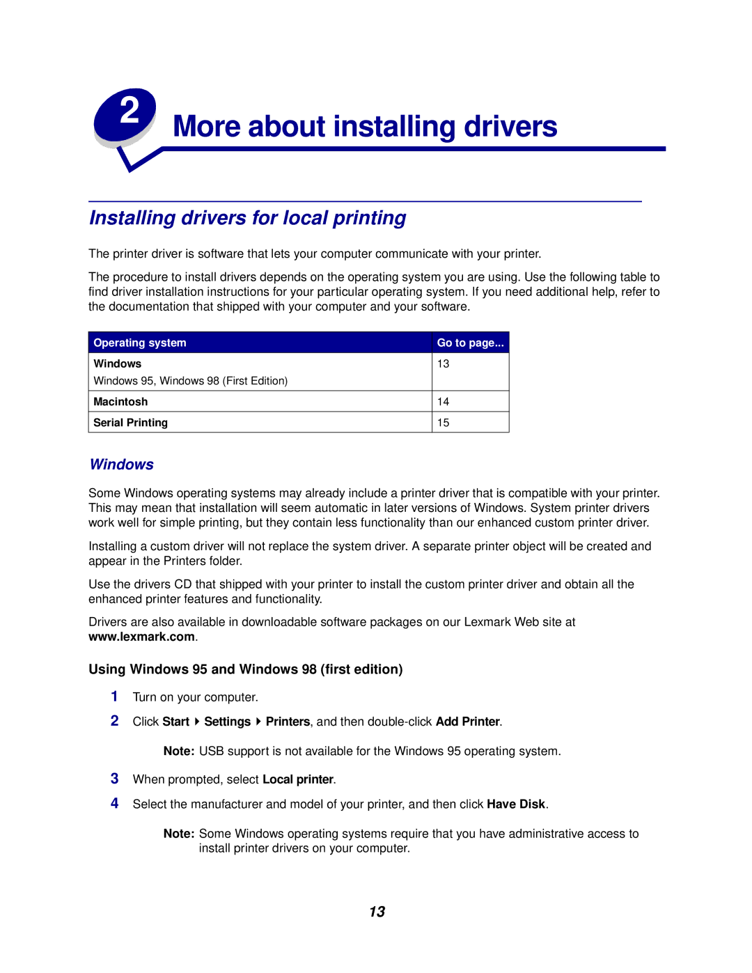 Lexmark 762 manual Installing drivers for local printing, Windows, Macintosh Serial Printing 