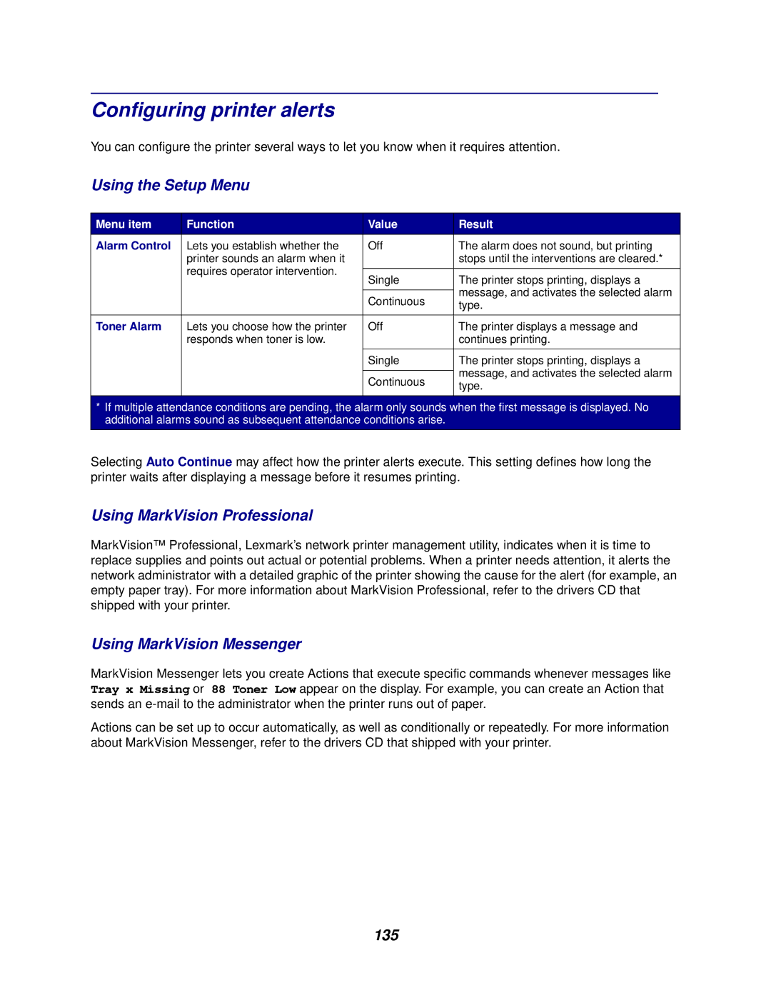 Lexmark 762 Configuring printer alerts, Using the Setup Menu, Using MarkVision Professional, Using MarkVision Messenger 