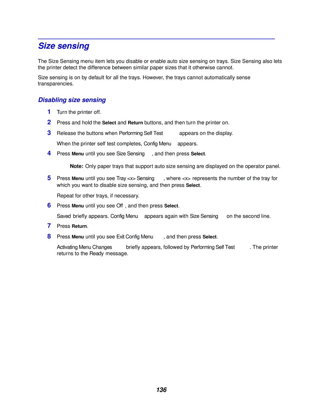 Lexmark 762 manual Size sensing, Disabling size sensing, 136 