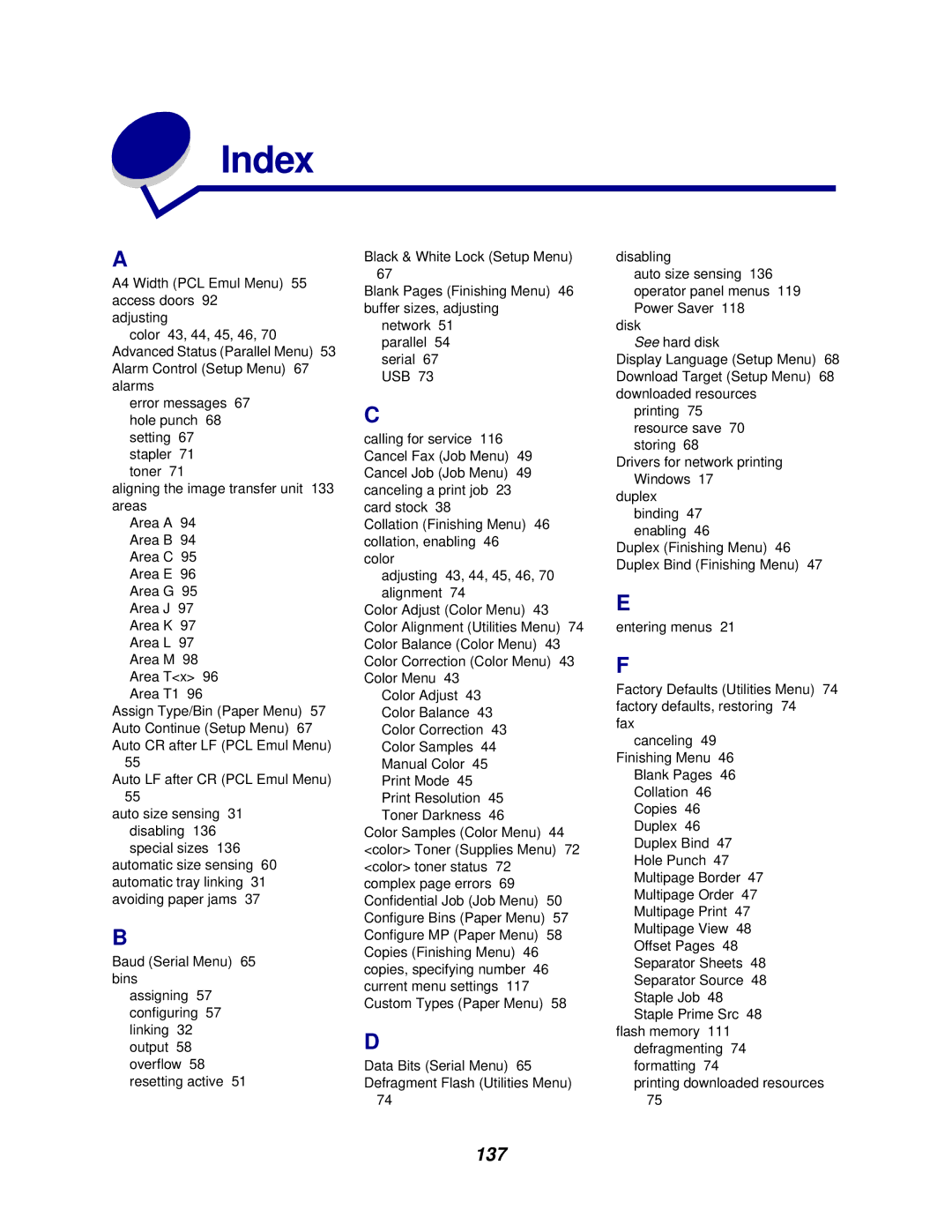 Lexmark 762 manual Index, 137 