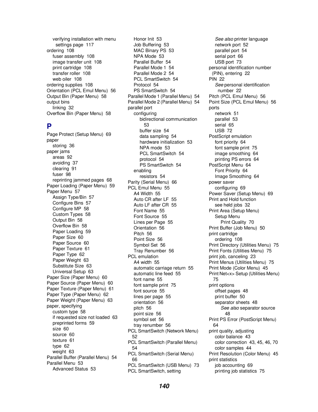 Lexmark 762 manual 140, See also printer language network port 52 parallel port 