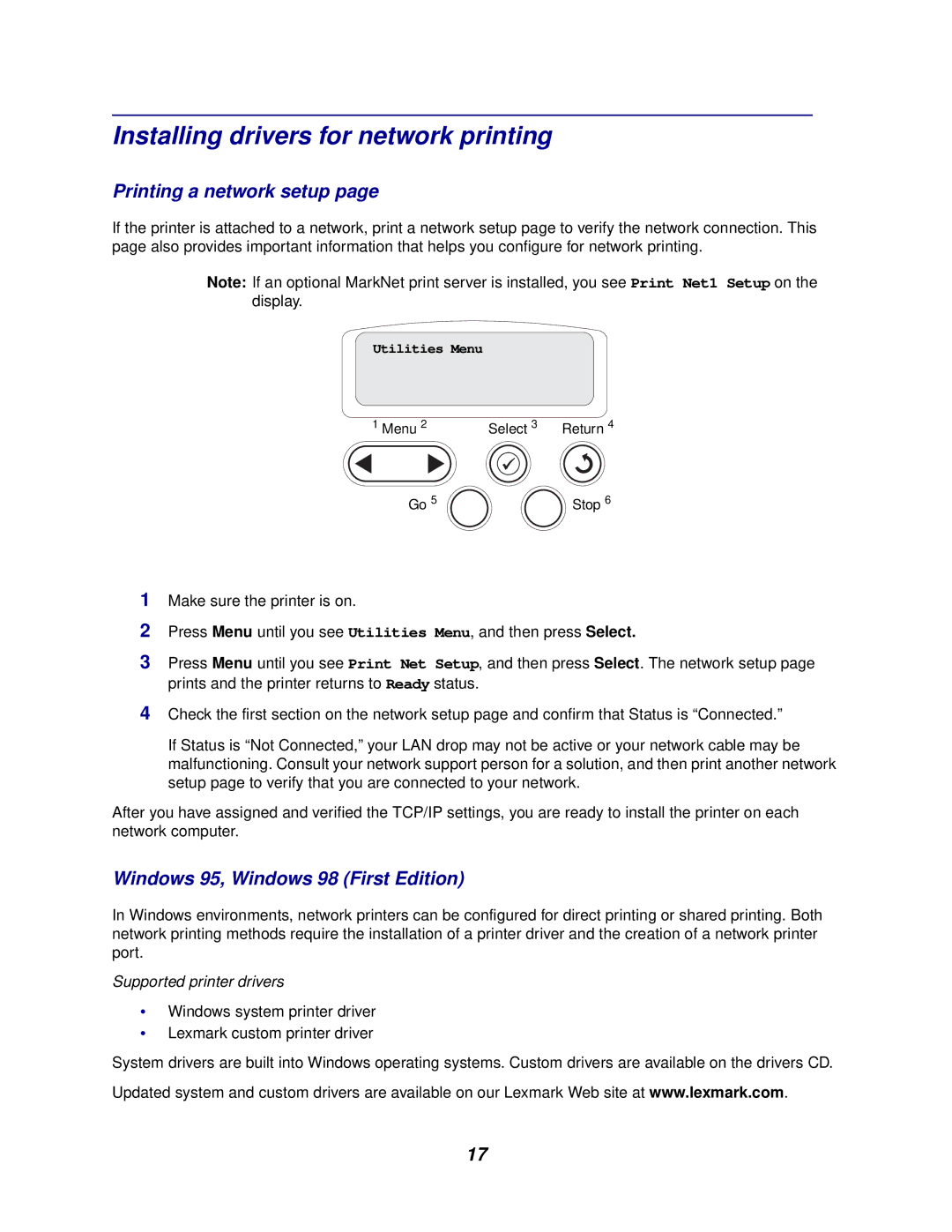 Lexmark 762 manual Installing drivers for network printing, Printing a network setup, Windows 95, Windows 98 First Edition 