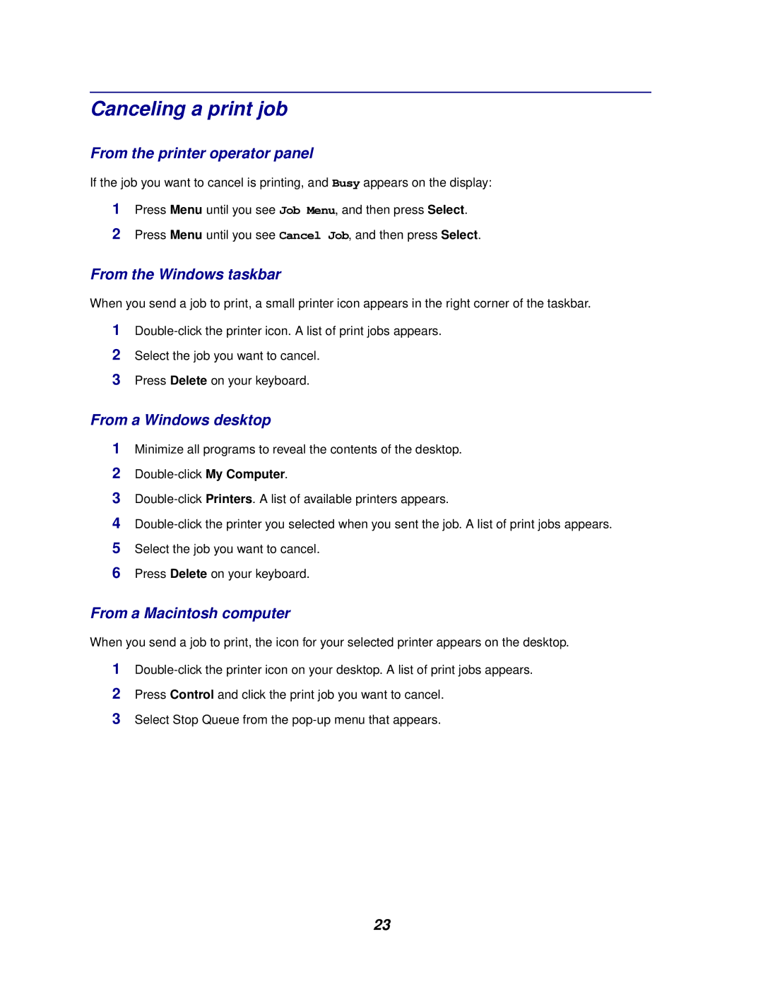 Lexmark 762 manual Canceling a print job, From the printer operator panel, From the Windows taskbar, From a Windows desktop 