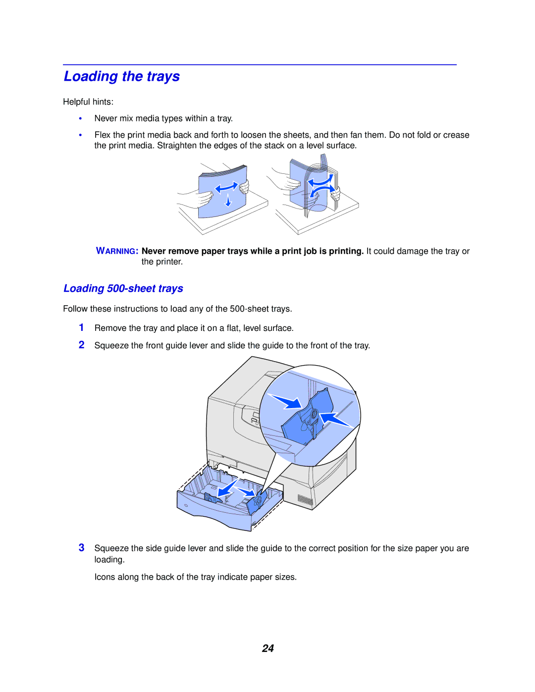 Lexmark 762 manual Loading the trays, Loading 500-sheet trays 