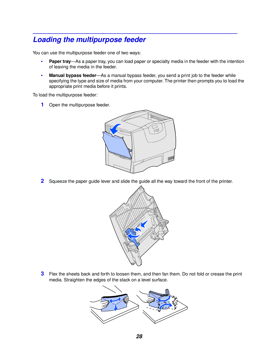 Lexmark 762 manual Loading the multipurpose feeder 