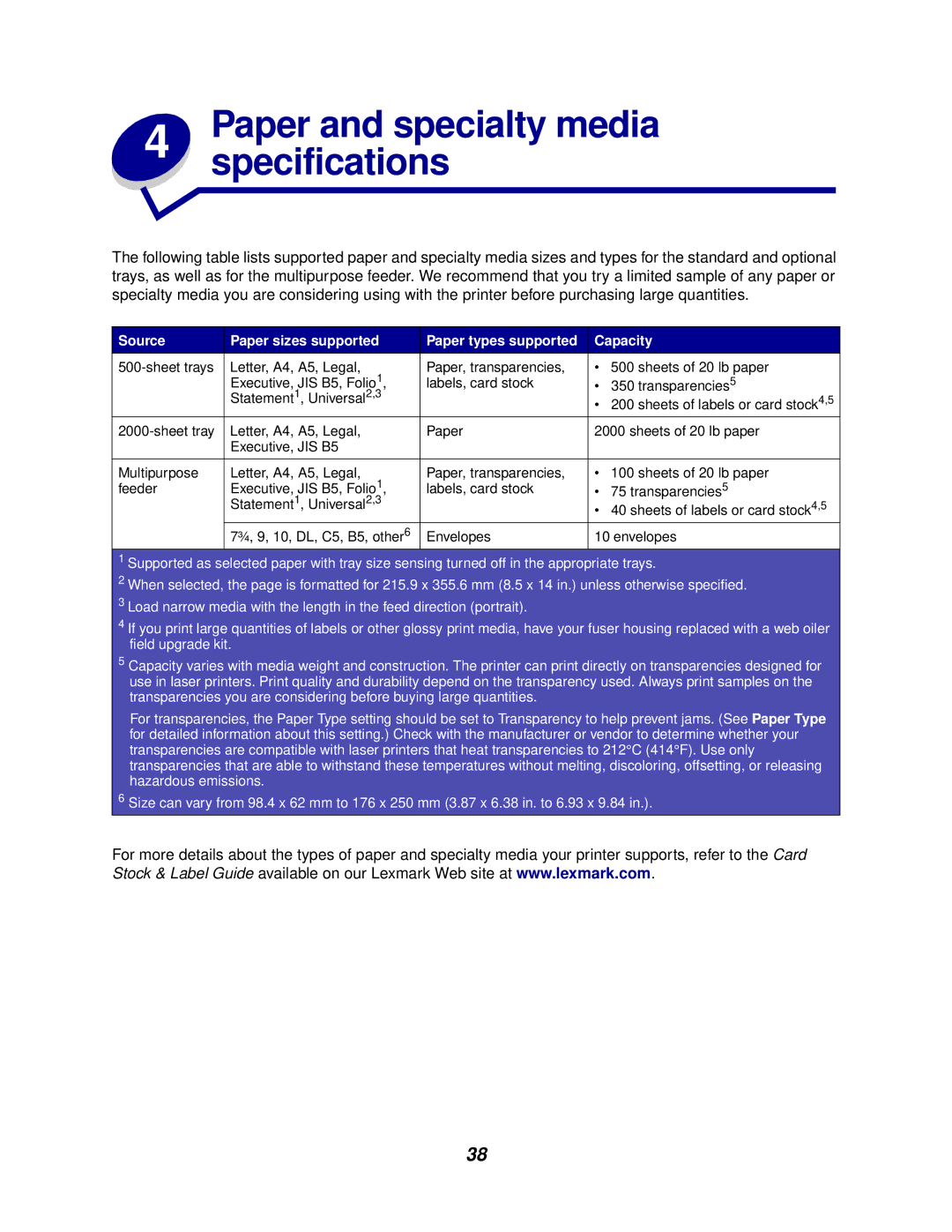 Lexmark 762 manual Paper and specialty media specifications 