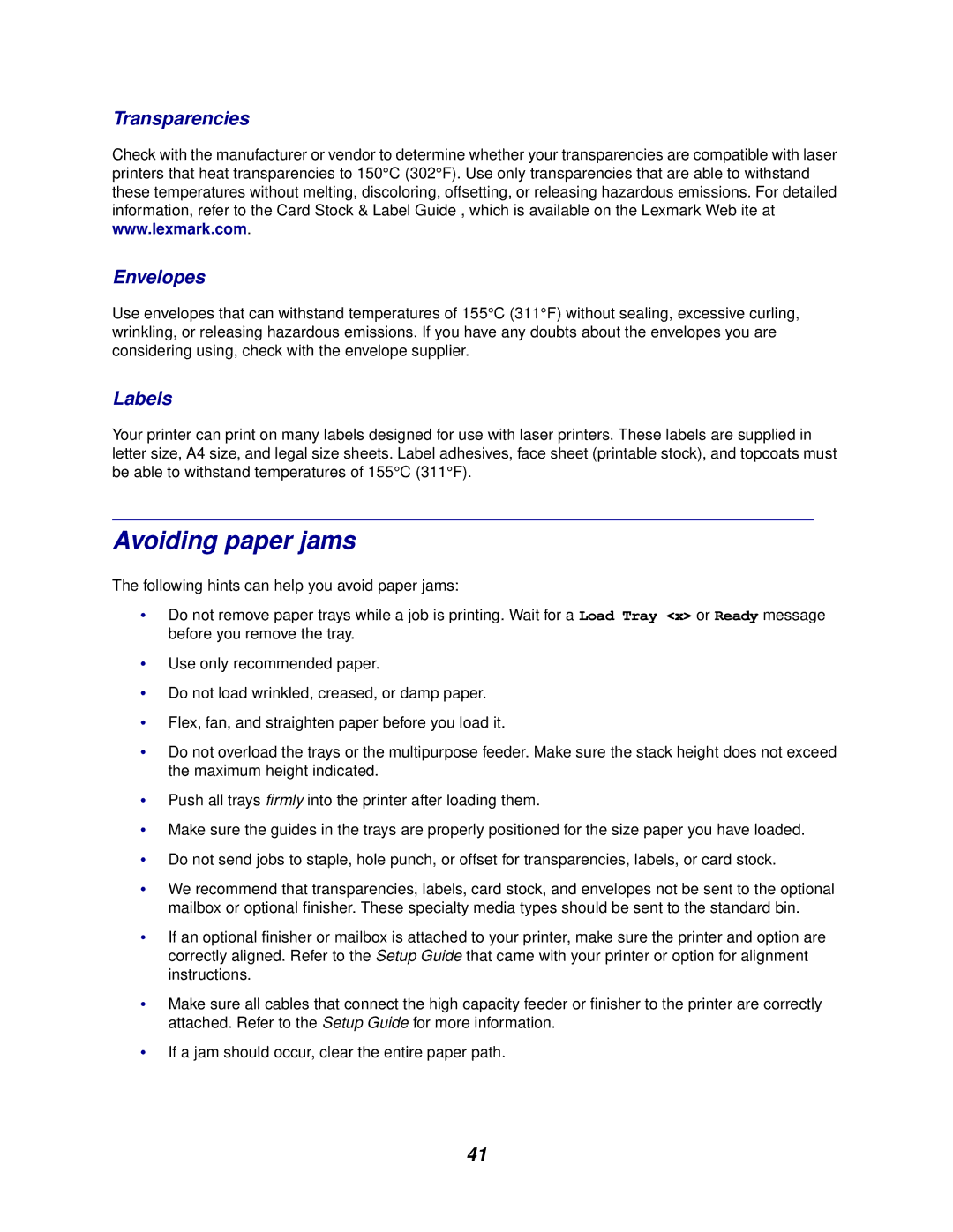 Lexmark 762 manual Avoiding paper jams, Transparencies Envelopes, Labels 