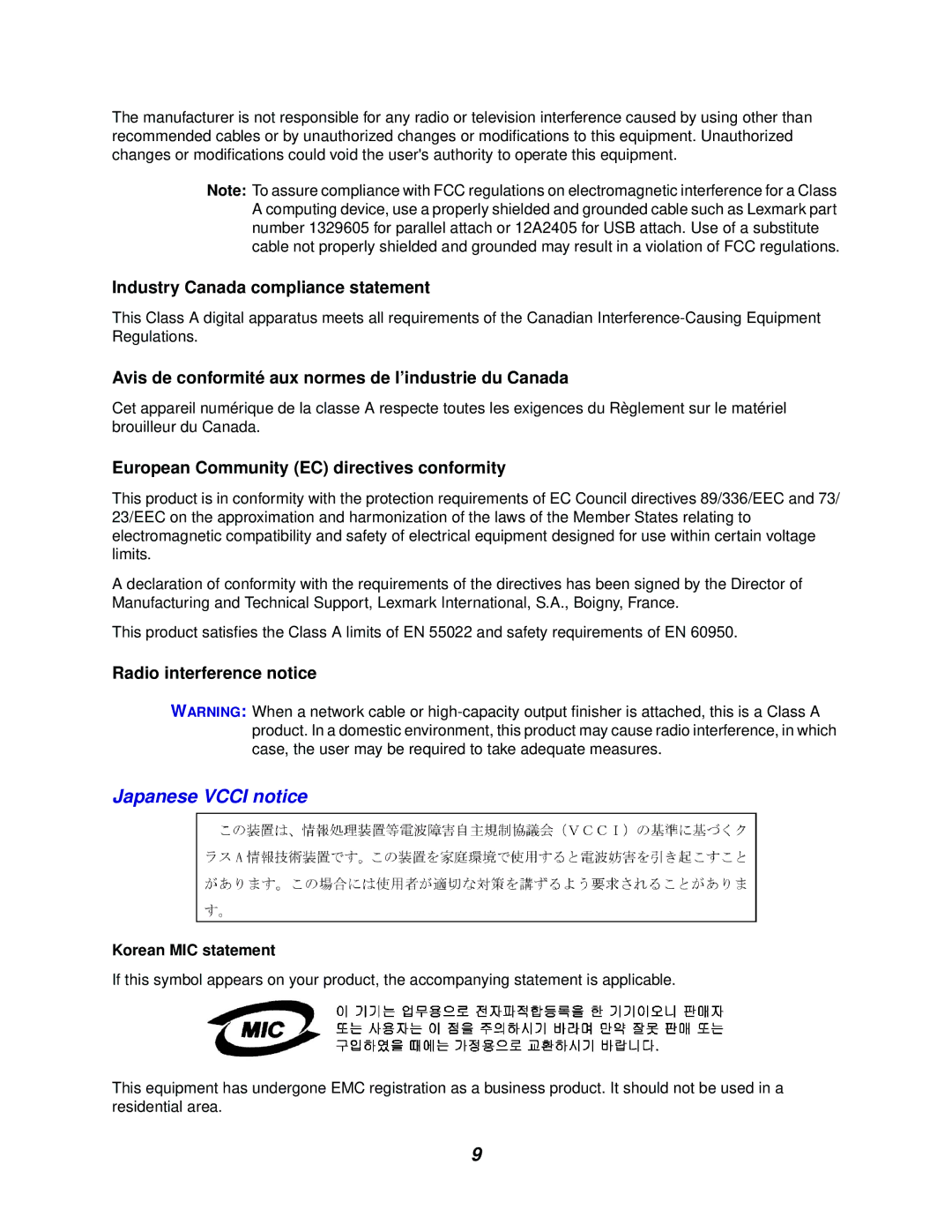 Lexmark 762 manual Japanese Vcci notice, Industry Canada compliance statement 