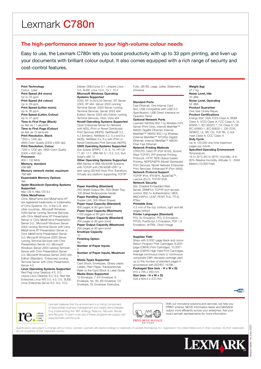 Lexmark 780n Print Technology, Print Speed A4 mono, Print Speed A4 colour, Print Speed Letter mono, Processor, Weight kg 