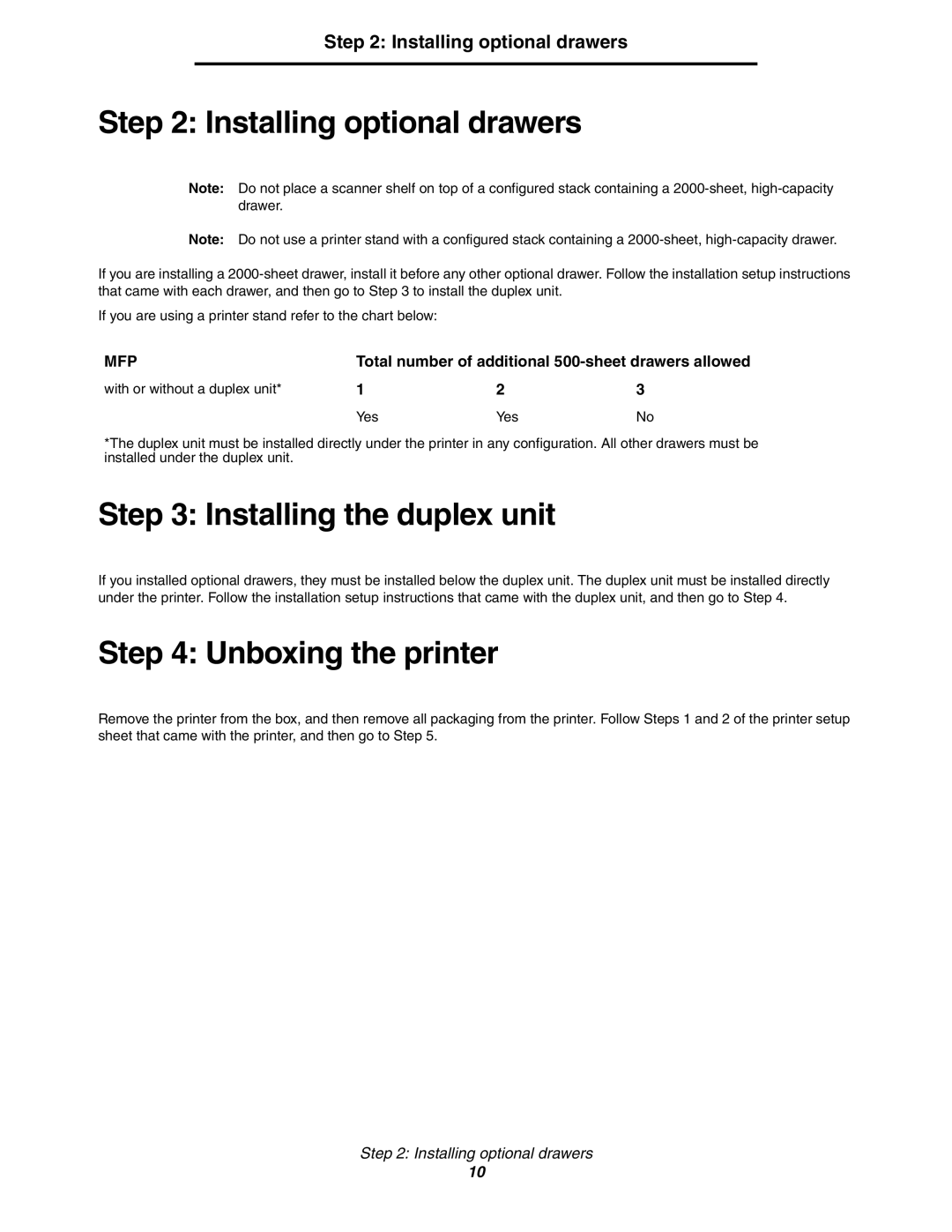 Lexmark 782n setup guide Installing optional drawers, Installing the duplex unit, Unboxing the printer 