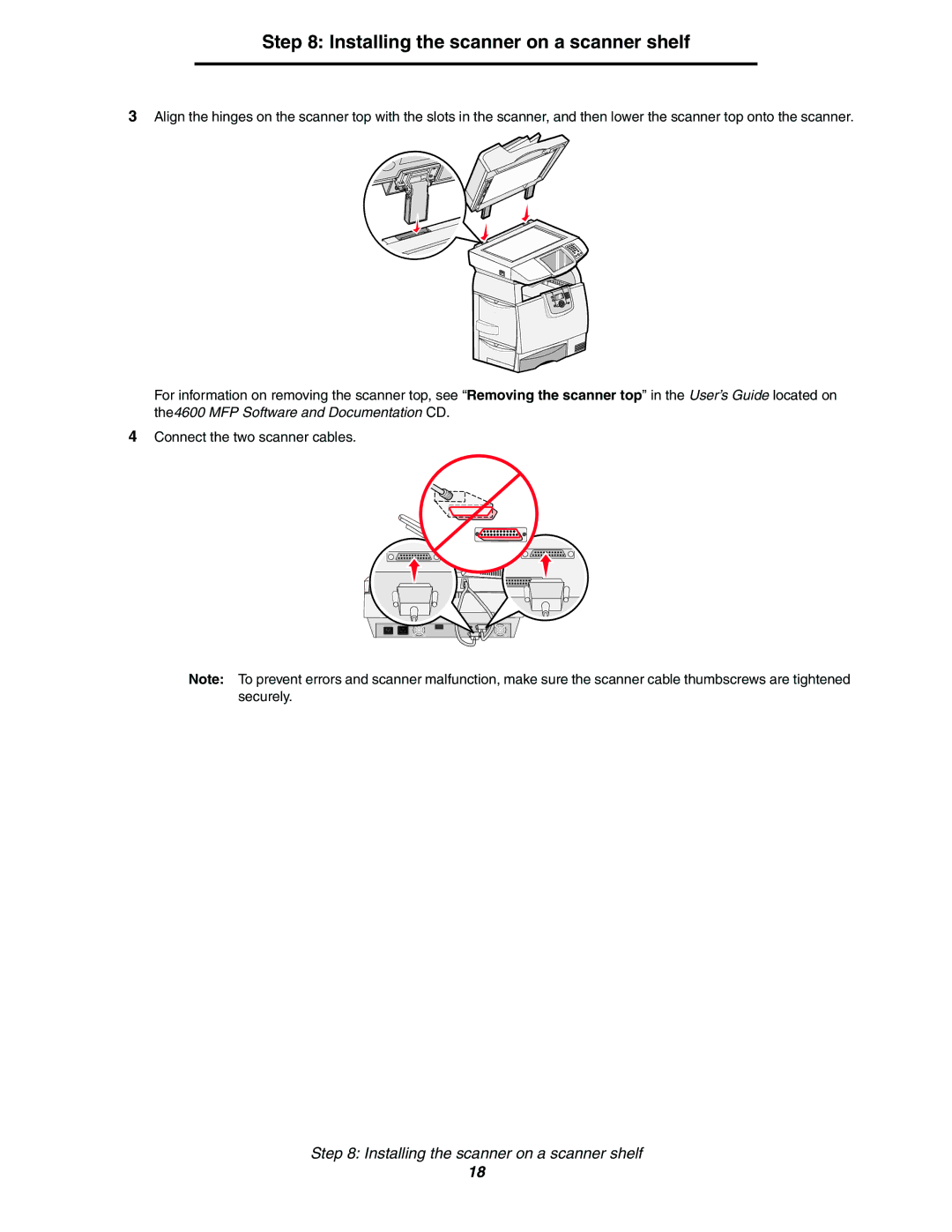 Lexmark 782n setup guide Installing the scanner on a scanner shelf 