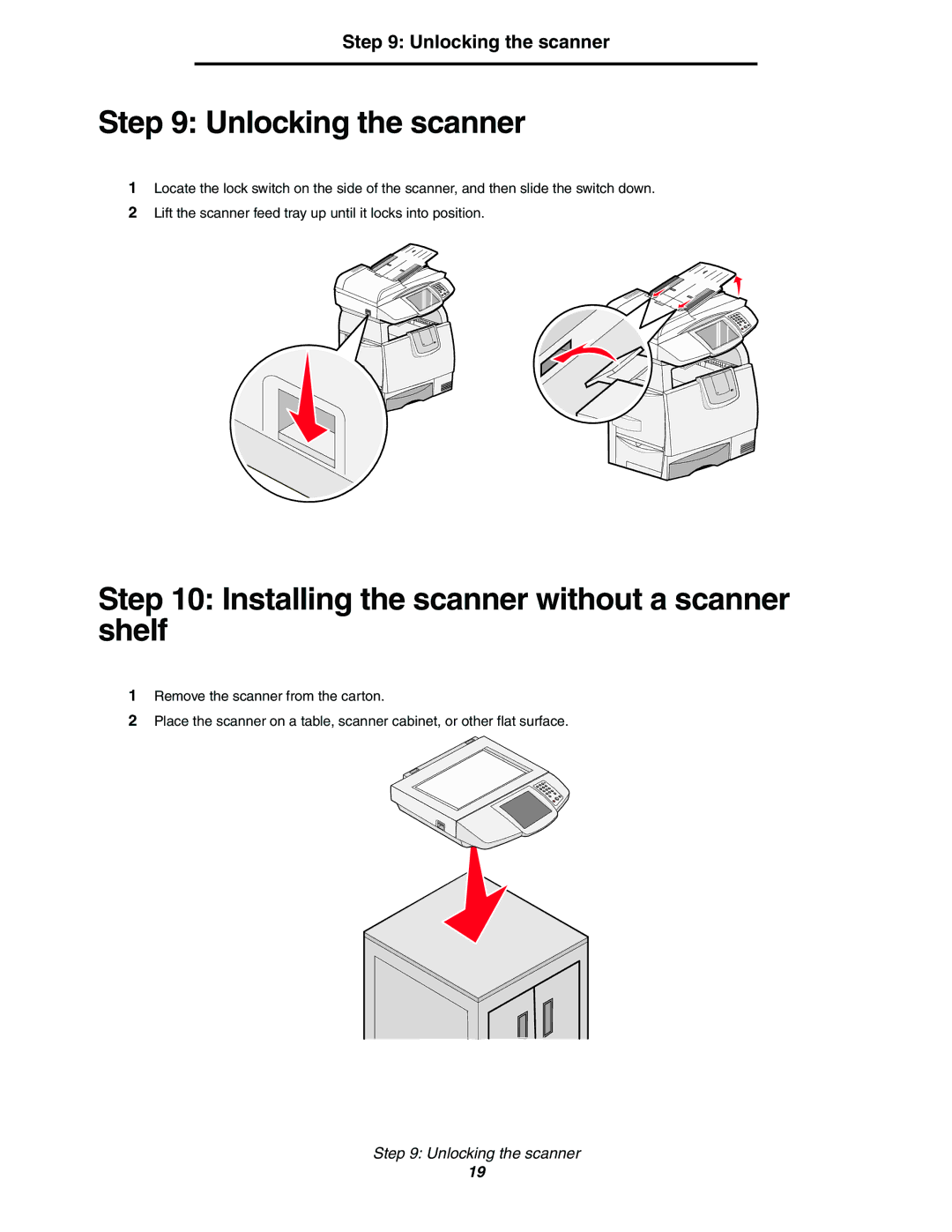 Lexmark 782n setup guide Unlocking the scanner, Installing the scanner without a scanner shelf 