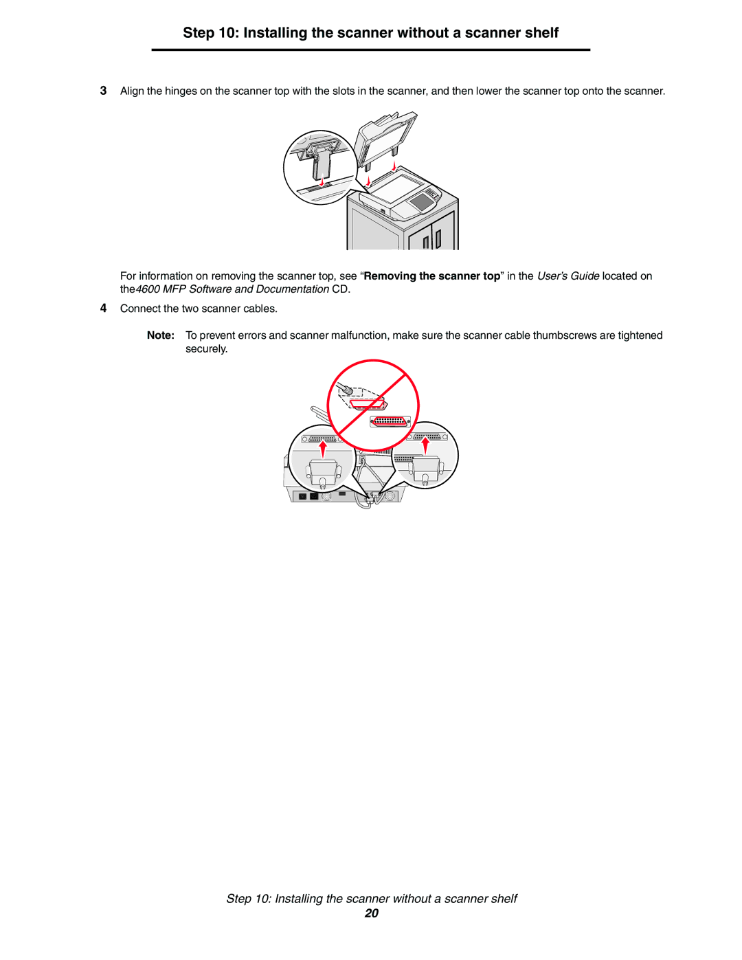 Lexmark 782n setup guide Installing the scanner without a scanner shelf 