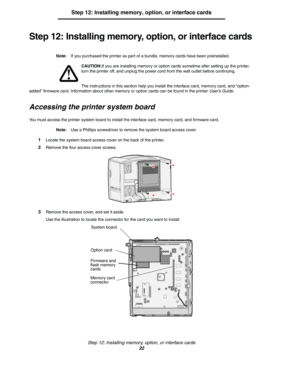 Lexmark 782n setup guide Installing memory, option, or interface cards, Accessing the printer system board 