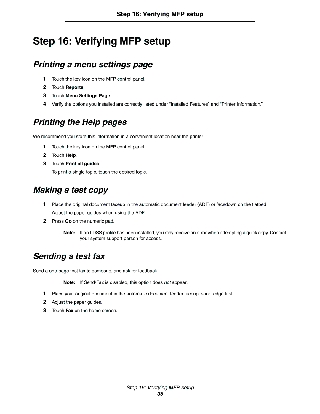 Lexmark 782n setup guide Verifying MFP setup, Printing a menu settings, Printing the Help pages, Making a test copy 