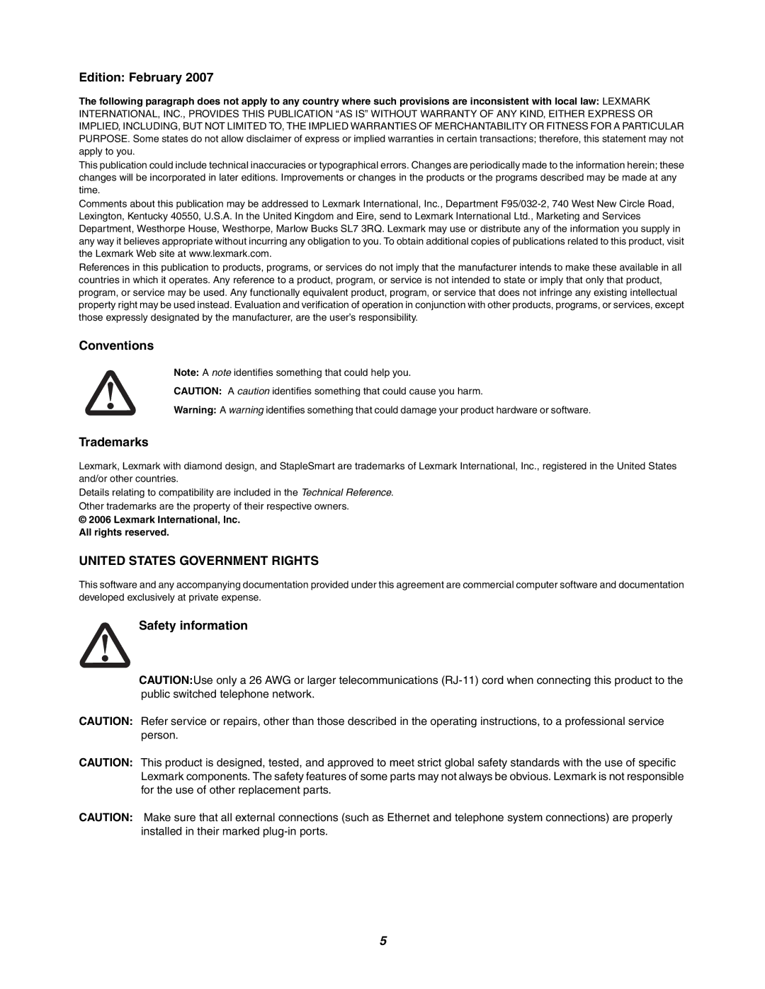 Lexmark 782n setup guide United States Government Rights 