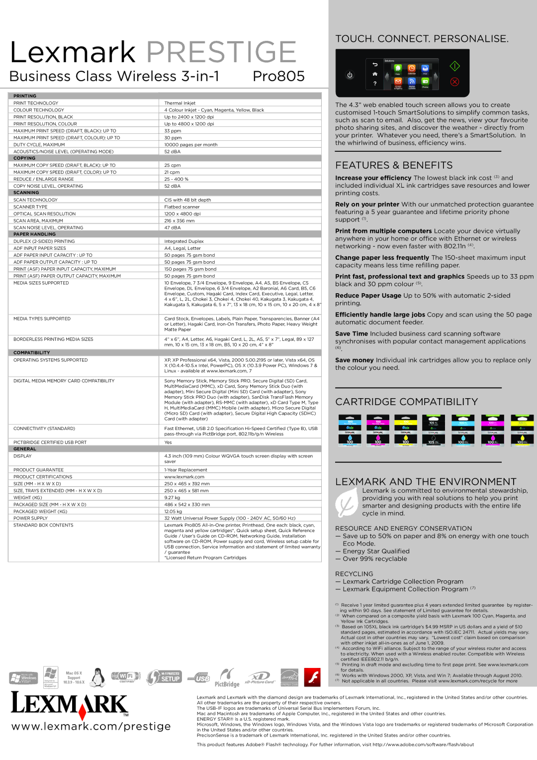 Lexmark 805 manual Features & Benefits, Cartridge Compatibility Lexmark and the Environment 