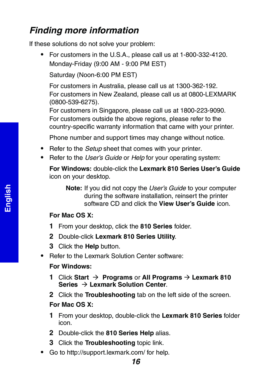 Lexmark manual Finding more information, 2Double-click Lexmark 810 Series Utility, English, For Mac OS, For Windows 