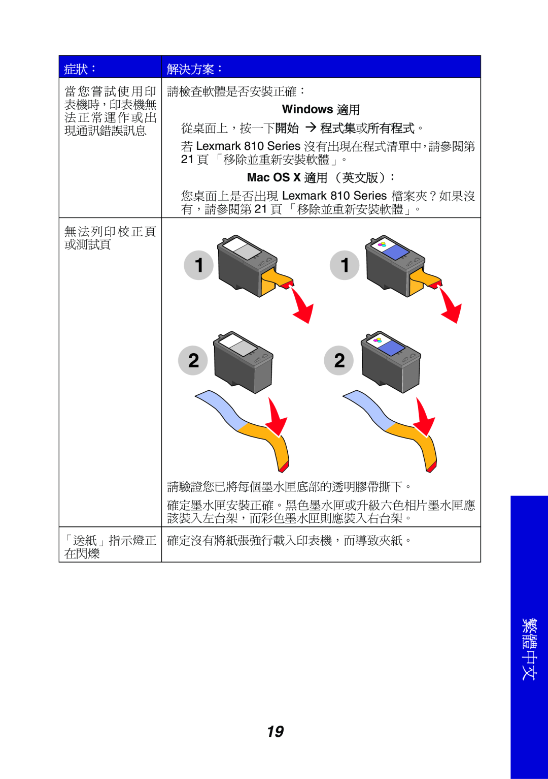 Lexmark manual 繁體中文, 解決方案：, Windows 適用, Mac OS X 適用 （英文版）：, 您桌面上是否出現 Lexmark 810 Series 檔案夾？如果沒 