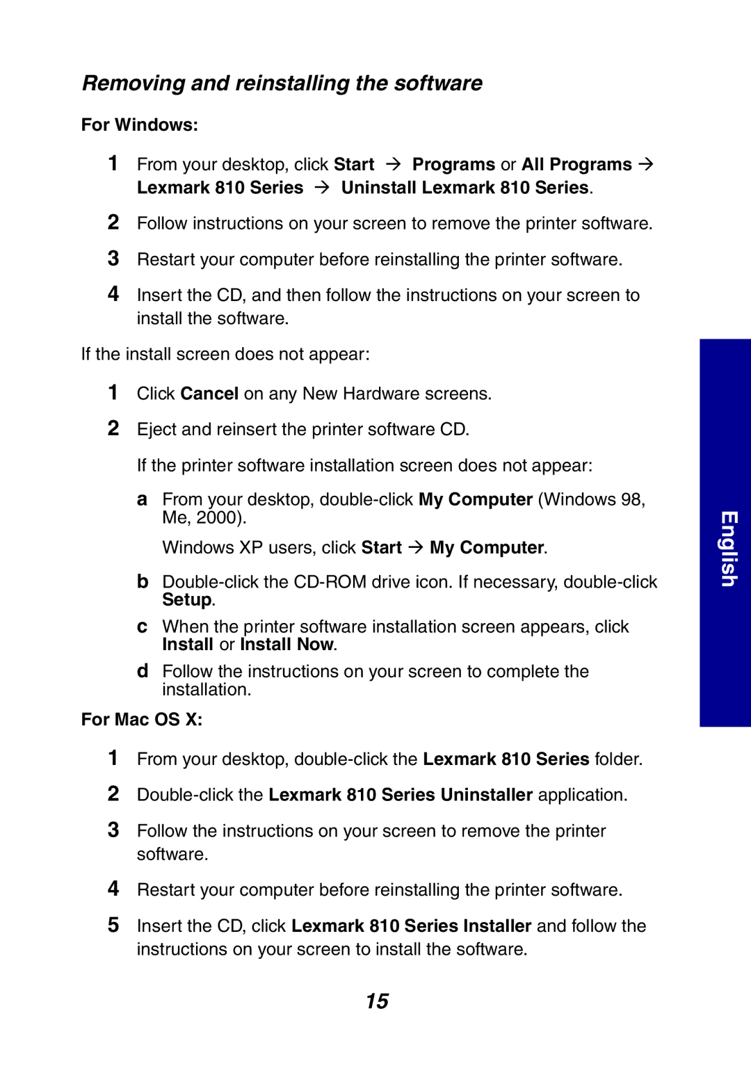 Lexmark 810 Series manual Removing and reinstalling the software 