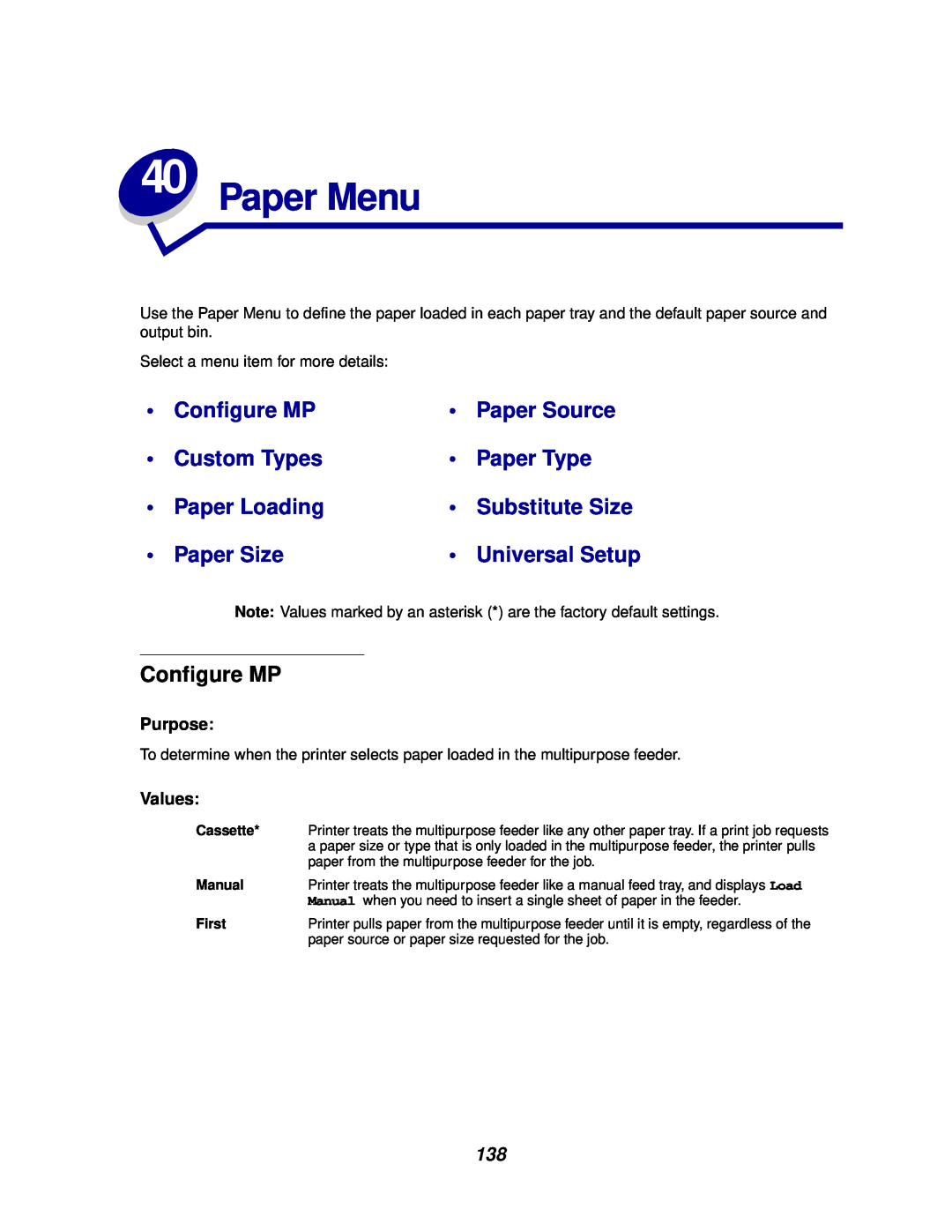 Lexmark 812 manual Paper Menu, Configure MP, Universal Setup, Purpose, Values 