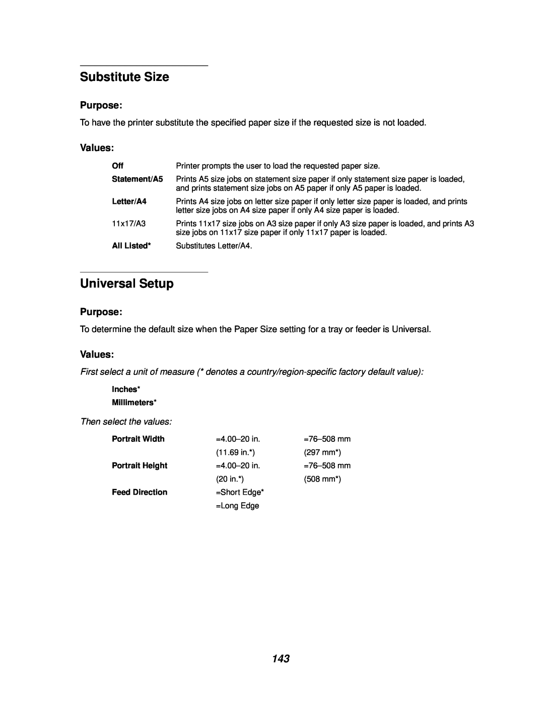 Lexmark 812 manual Substitute Size, Universal Setup, Purpose, Values, Then select the values 