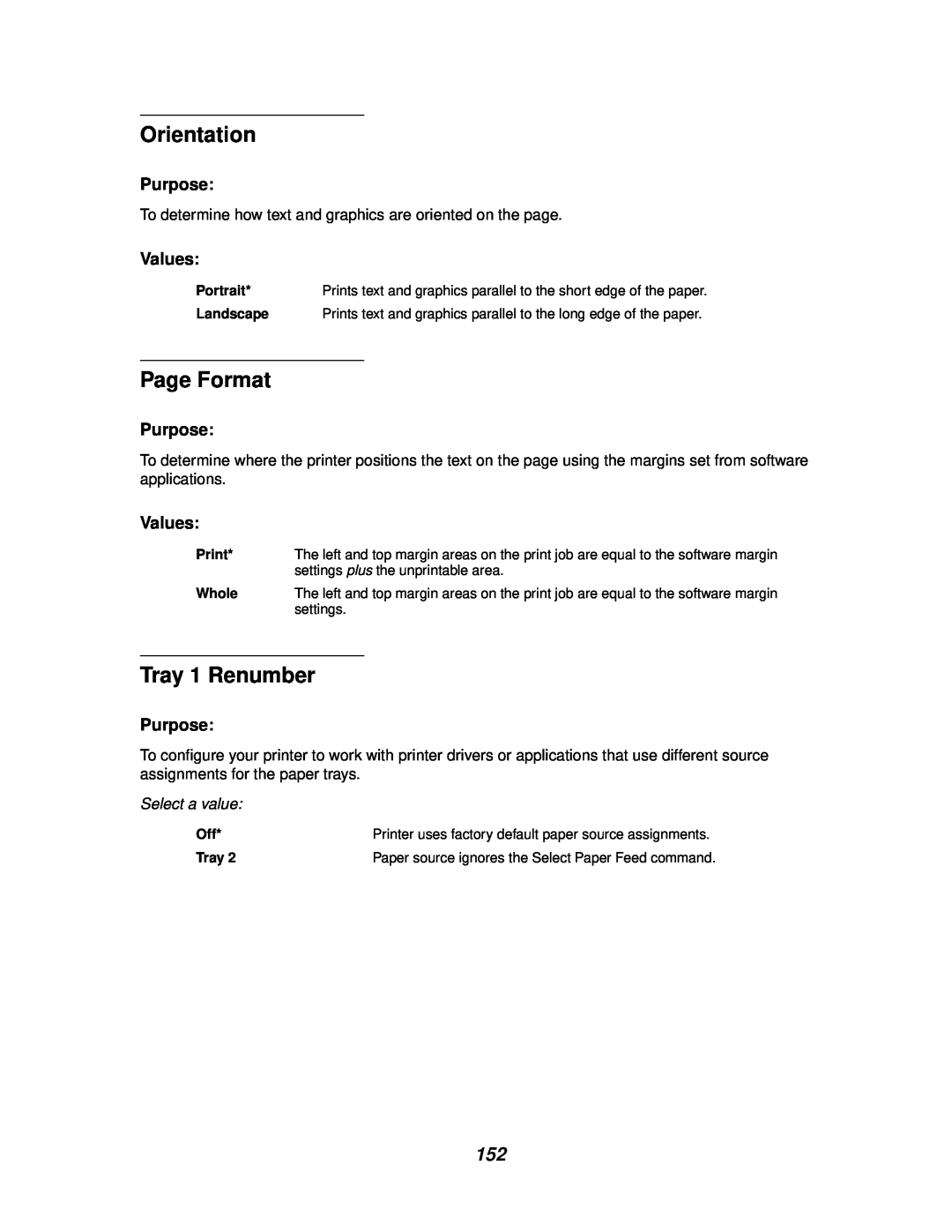 Lexmark 812 manual Page Format, Tray 1 Renumber, Orientation, Purpose, Values, Select a value 