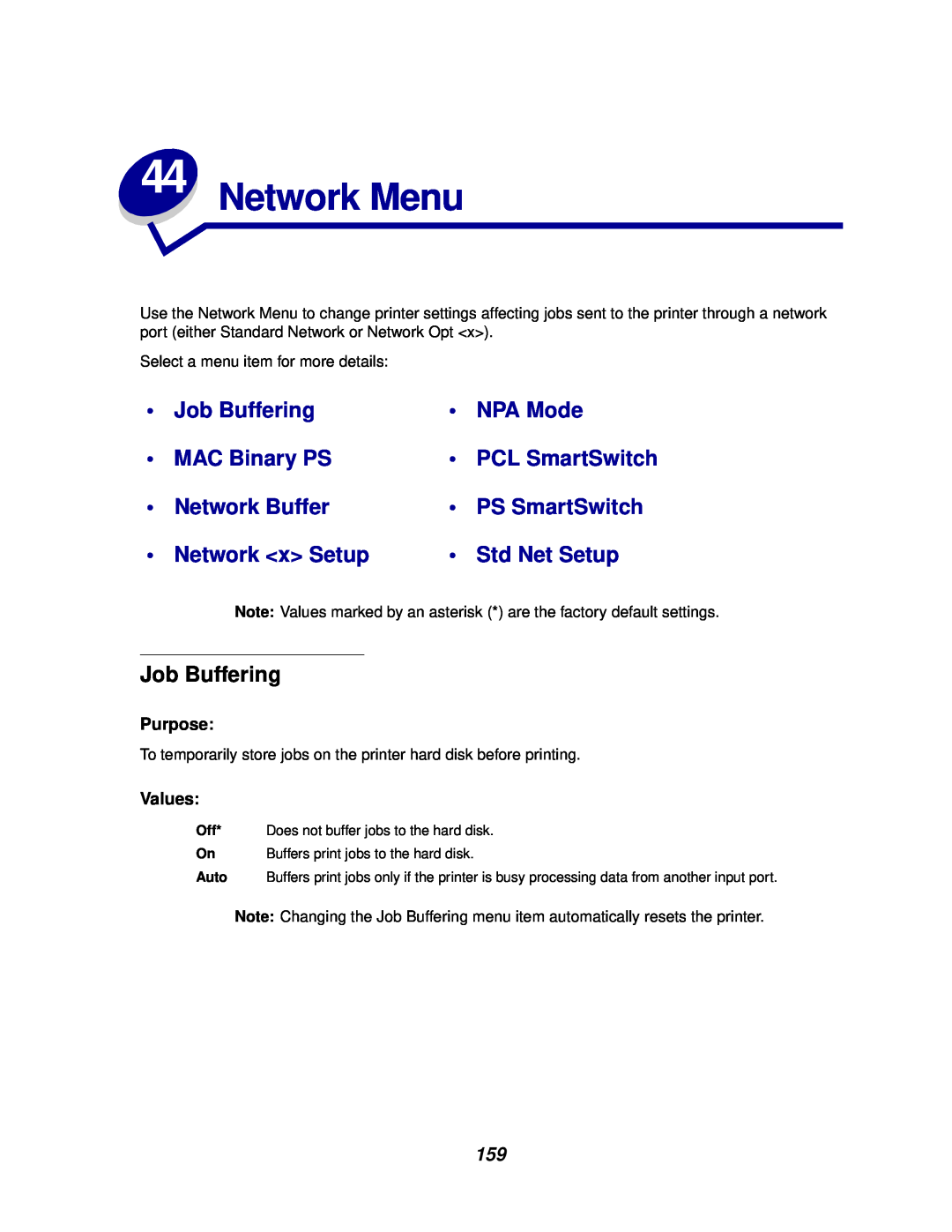 Lexmark 812 manual Network Menu, Job Buffering, PCL SmartSwitch, Purpose, Values 