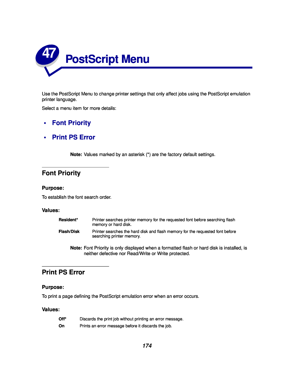 Lexmark 812 manual PostScript Menu, Font Priority, Print PS Error, Purpose, Values 