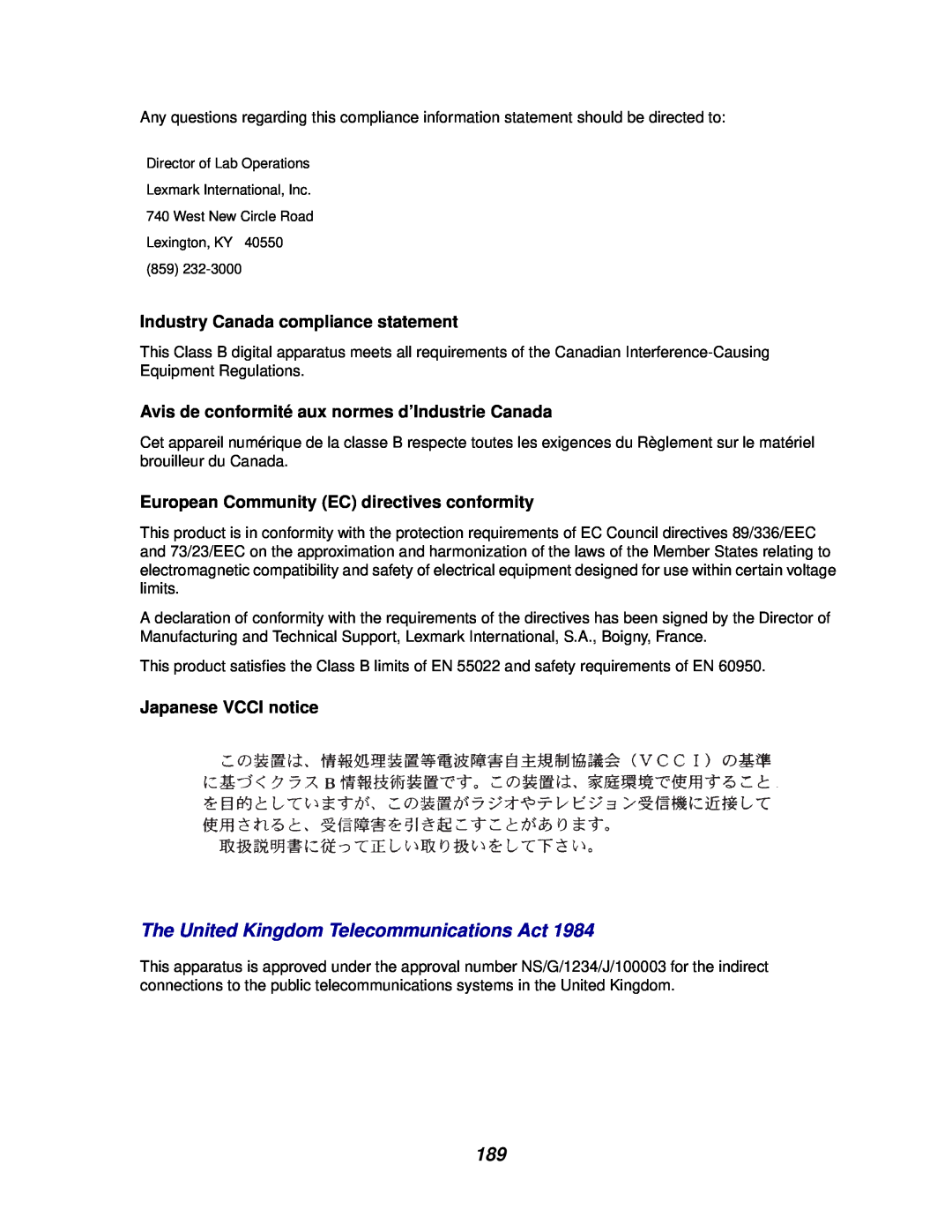 Lexmark 812 manual The United Kingdom Telecommunications Act, Industry Canada compliance statement, Japanese VCCI notice 