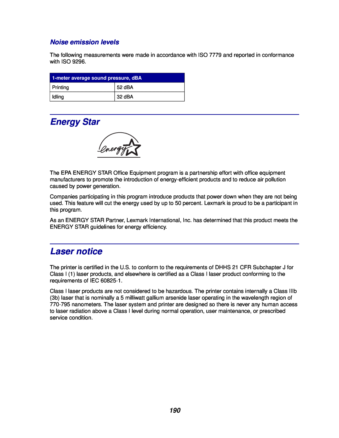 Lexmark 812 manual Energy Star, Laser notice, Noise emission levels 