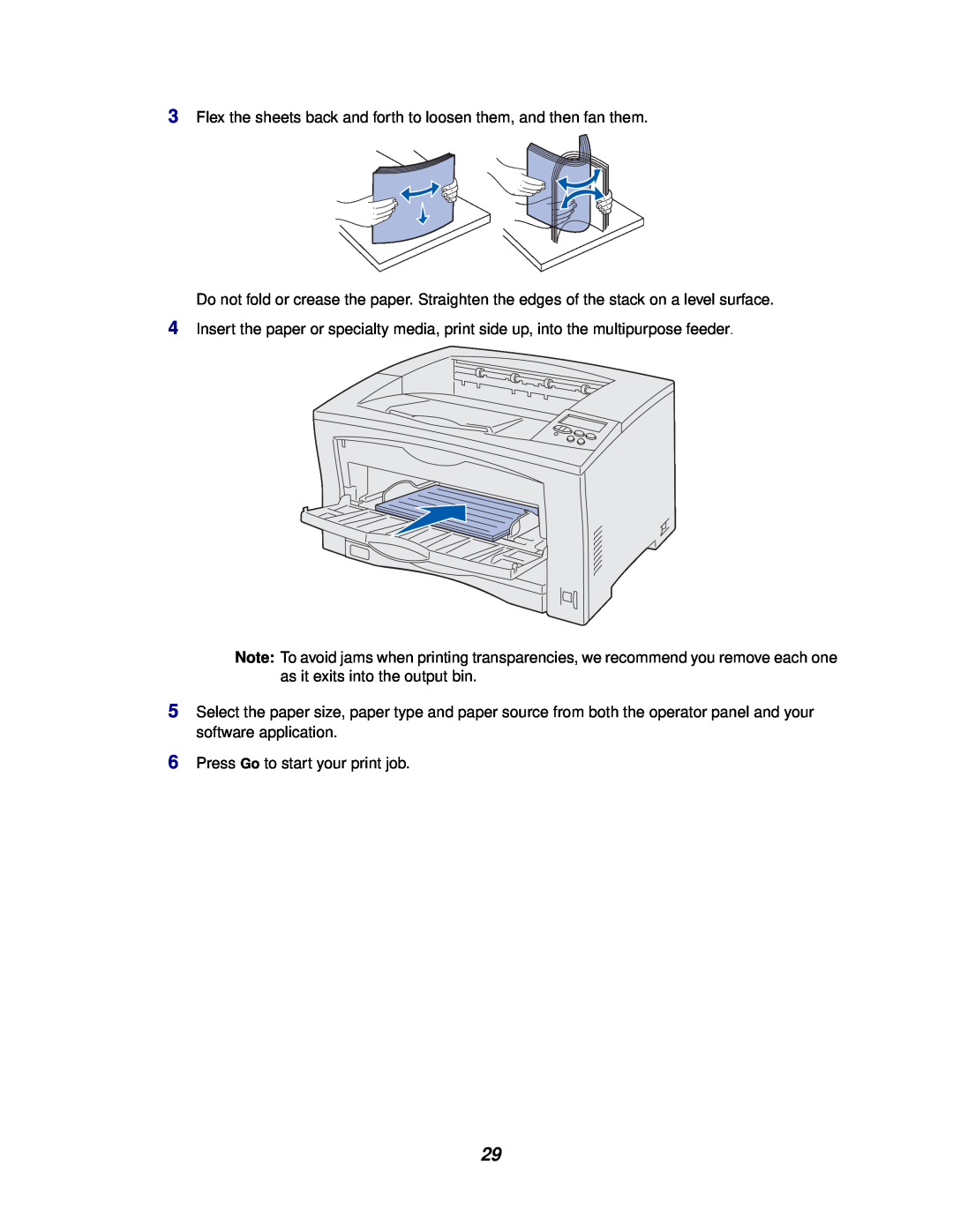 Lexmark 812 manual Flex the sheets back and forth to loosen them, and then fan them, Press Go to start your print job 