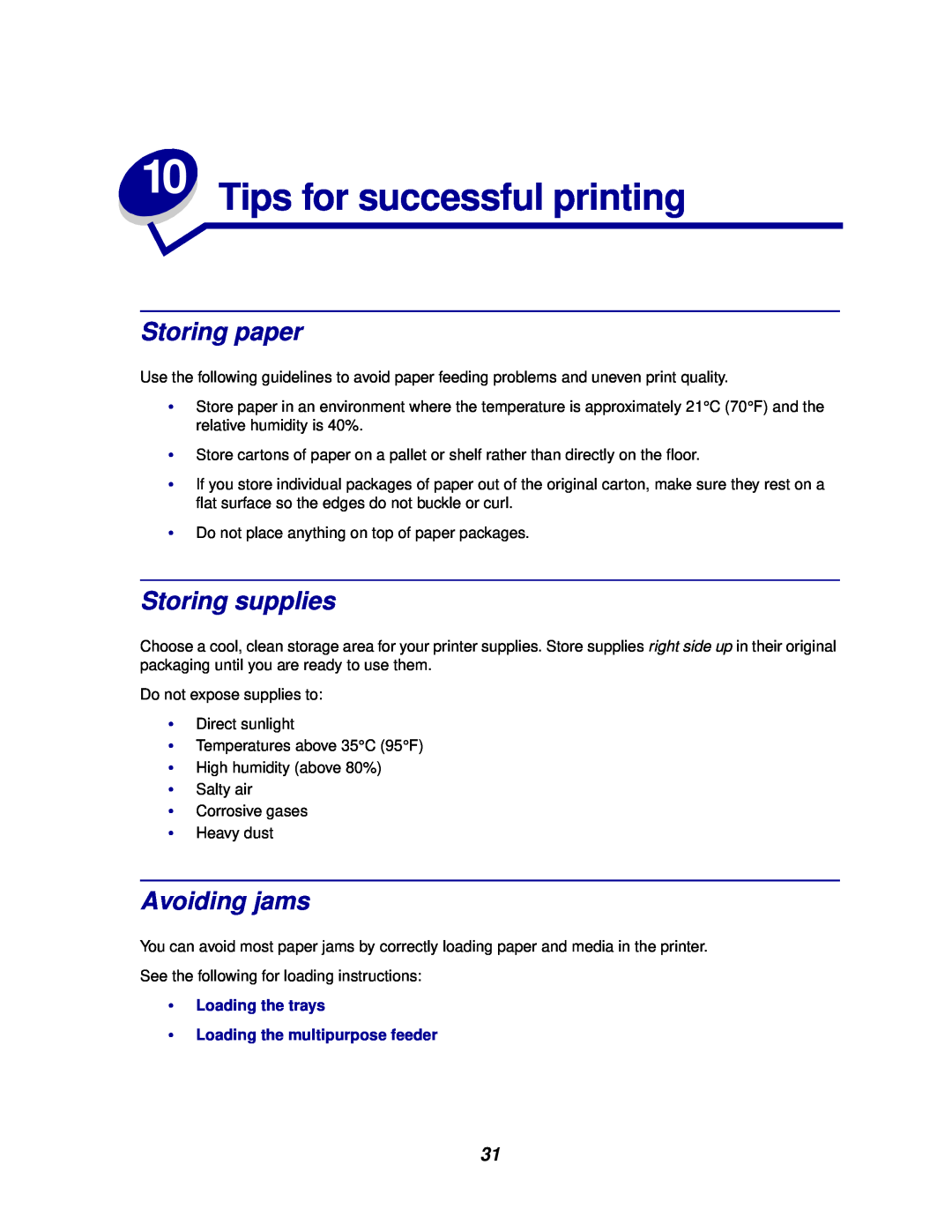 Lexmark 812 manual Tips for successful printing, Storing paper, Storing supplies, Avoiding jams 