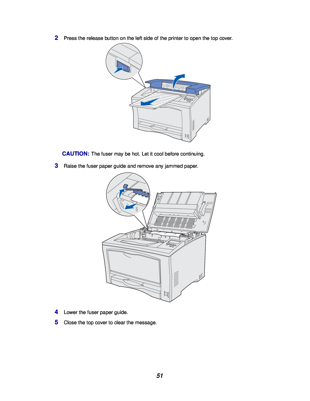 Lexmark 812 manual CAUTION The fuser may be hot. Let it cool before continuing, Lower the fuser paper guide 