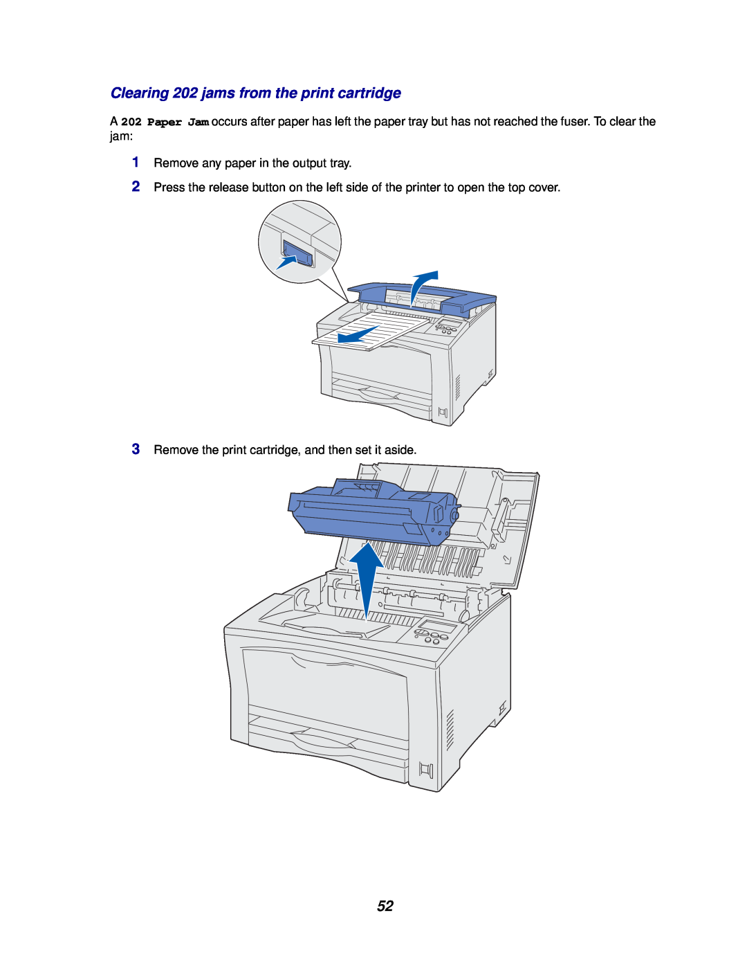Lexmark 812 manual Clearing 202 jams from the print cartridge, Remove any paper in the output tray 
