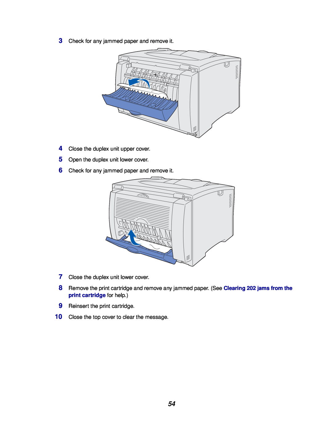 Lexmark 812 Check for any jammed paper and remove it, Close the duplex unit upper cover, Open the duplex unit lower cover 