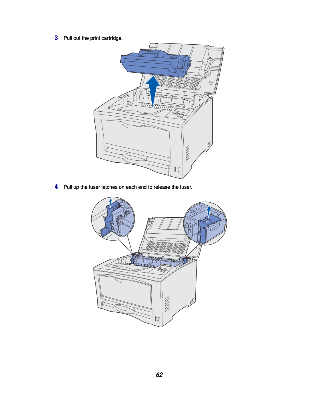 Lexmark 812 manual Pull out the print cartridge, Pull up the fuser latches on each end to release the fuser 
