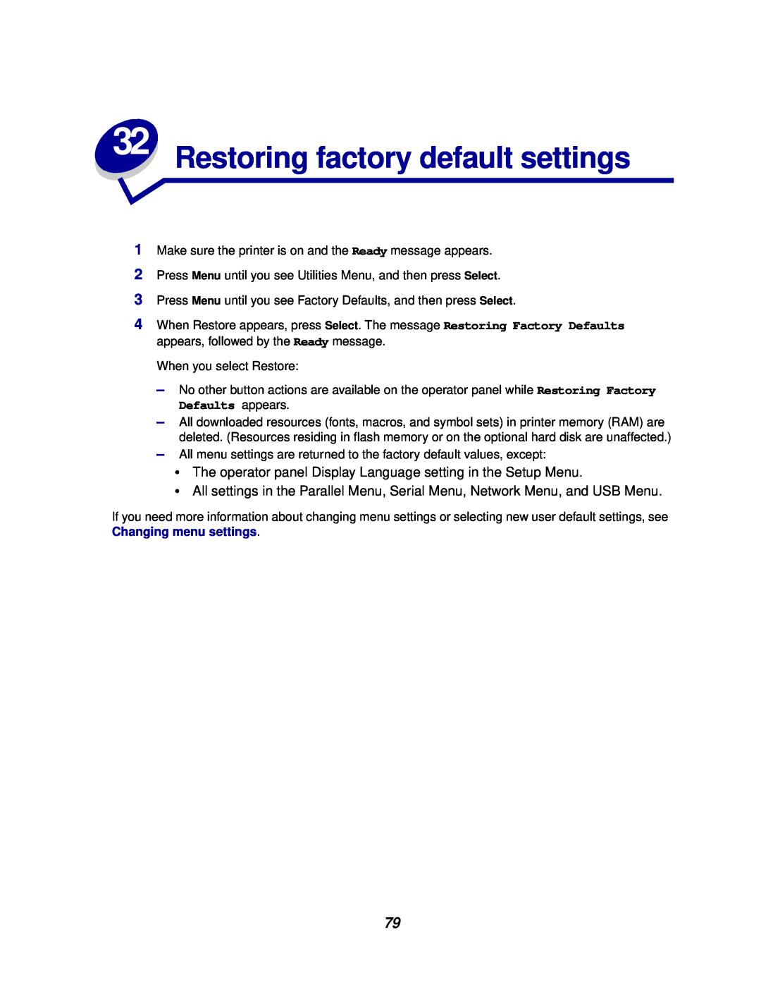 Lexmark 812 manual Restoring factory default settings, The operator panel Display Language setting in the Setup Menu 
