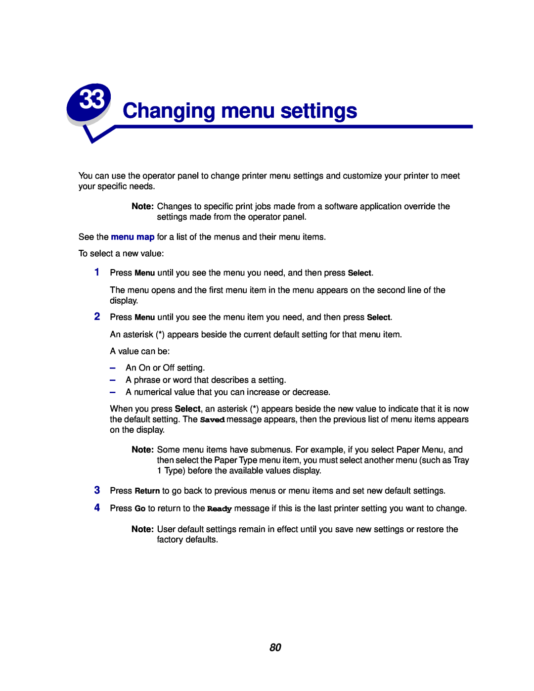 Lexmark 812 manual Changing menu settings 